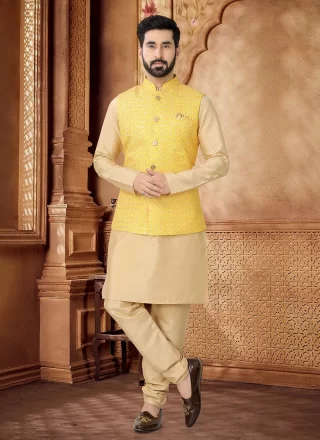 Embroidered, Sequins and Thread Work Cotton Kurta Payjama with Jacket In Gold and Yellow