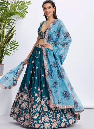 Embroidered, Sequins and Thread Work Georgette A - Line Lehenga Choli In Teal