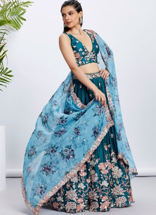 Embroidered, Sequins and Thread Work Georgette A - Line Lehenga Choli In Teal