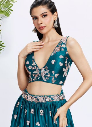 Embroidered, Sequins and Thread Work Georgette A - Line Lehenga Choli In Teal