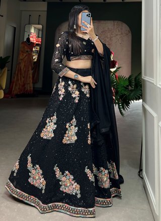 Embroidered, Sequins and Thread Work Georgette Lehenga Choli In Black
