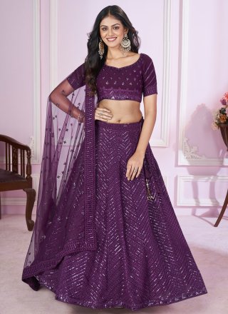 Embroidered, Sequins and Thread Work Georgette Lehenga Choli In Purple