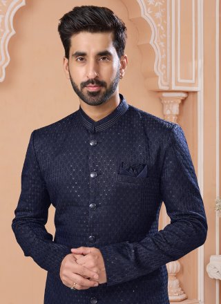Embroidered, Sequins and Thread Work Jacquard Indo Western Sherwani In Blue