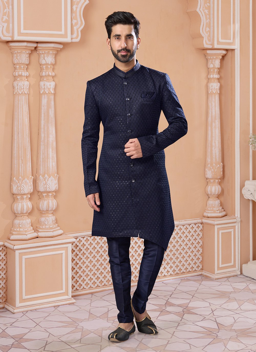 Buy Embroidered, Sequins and Thread Work Jacquard Indo Western Sherwani ...