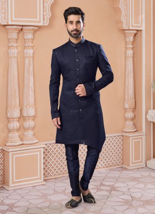 Embroidered, Sequins and Thread Work Jacquard Indo Western Sherwani In Blue
