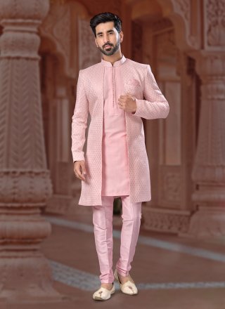 Embroidered, Sequins and Thread Work Jacquard Indo Western Sherwani In Peach for Ceremonial