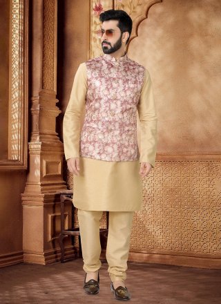 Embroidered, Sequins and Thread Work Jacquard Kurta Payjama with Jacket In Gold and Pink for Ceremonial