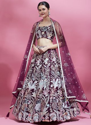 Embroidered, Sequins and Thread Work Net A - Line Lehenga Choli In Burgundy