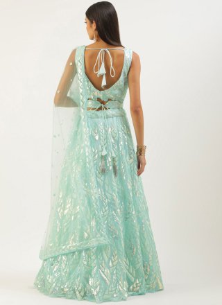 Embroidered, Sequins and Thread Work Net Lehenga Choli In Aqua Blue