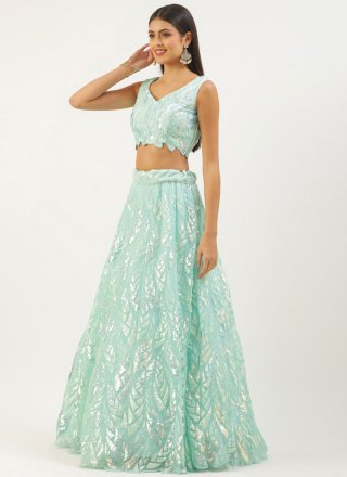 Embroidered, Sequins and Thread Work Net Lehenga Choli In Aqua Blue
