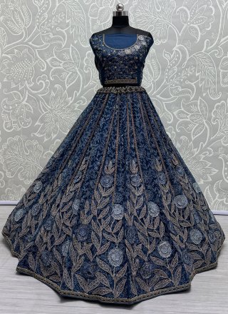 Embroidered, Sequins and Thread Work Net Lehenga Choli In Blue