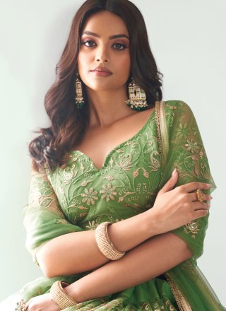 Embroidered, Sequins and Thread Work Net Lehenga Choli In Green