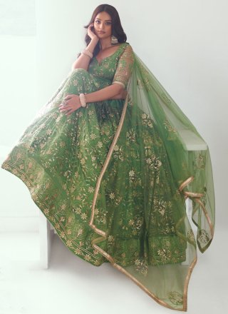Embroidered, Sequins and Thread Work Net Lehenga Choli In Green