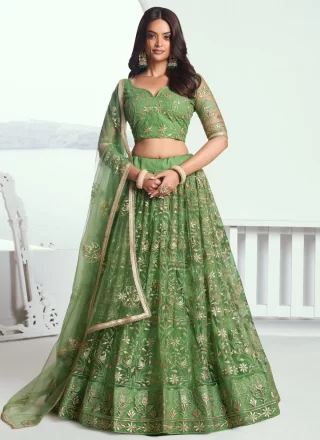 Embroidered, Sequins and Thread Work Net Lehenga Choli In Green