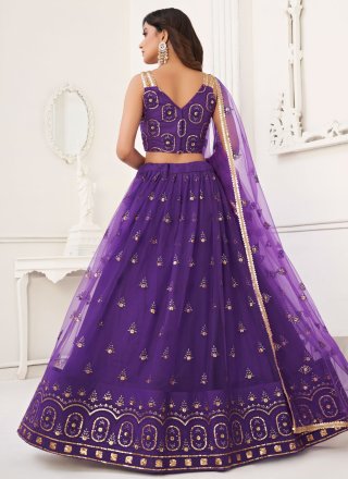 Embroidered, Sequins and Thread Work Net Lehenga Choli In Purple for Ceremonial