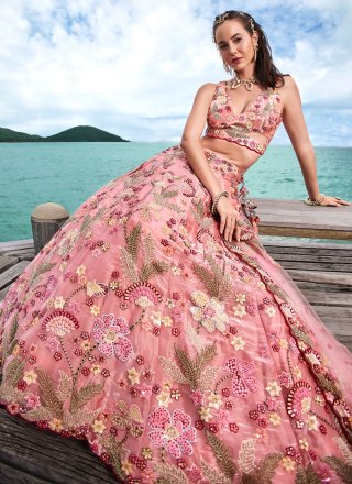 Embroidered, Sequins and Thread Work Organza A - Line Lehenga Choli In Pink for Ceremonial