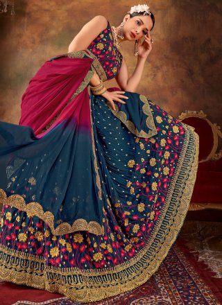 Embroidered, Sequins and Thread Work Pure Georgette A - Line Lehenga Choli In Blue