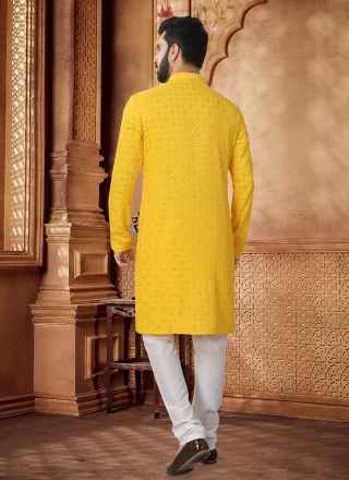 Embroidered, Sequins and Thread Work Rayon Kurta Pyjama In Yellow for Ceremonial