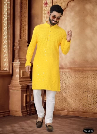 Embroidered, Sequins and Thread Work Rayon Kurta Pyjama In Yellow for Ceremonial