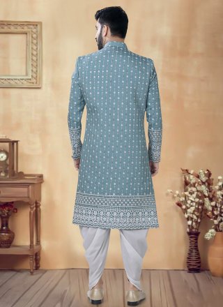 Embroidered, Sequins and Thread Work Silk Sherwani Mens Wear In Blue