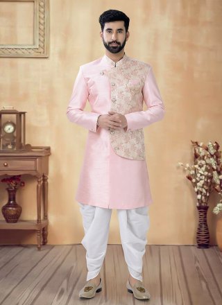 Embroidered, Sequins and Thread Work Silk Sherwani Mens Wear In Pink