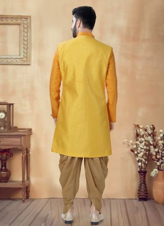 Embroidered, Sequins and Thread Work Silk Sherwani Mens Wear In Yellow