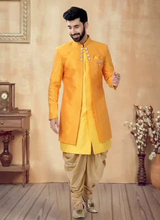 Embroidered, Sequins and Thread Work Silk Sherwani Mens Wear In Yellow