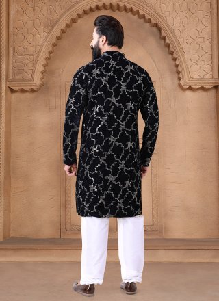 Embroidered, Sequins and Thread Work Velvet Kurta Pyjama In Black for Ceremonial