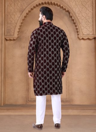 Embroidered, Sequins and Thread Work Velvet Kurta Pyjama In Maroon