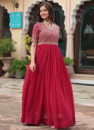Embroidered, Sequins and Zari Work Faux Georgette  Designer Gown In Pink and Rani