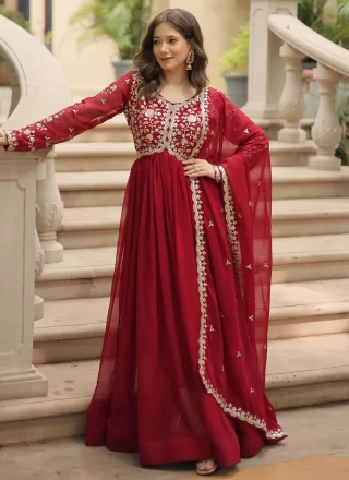 Embroidered, Sequins and Zari Work Faux Georgette  Designer Gown In Rani