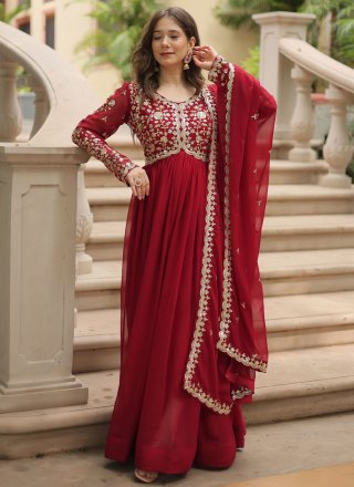 Embroidered, Sequins and Zari Work Faux Georgette  Designer Gown In Rani