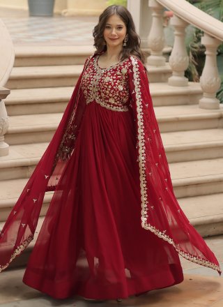 Embroidered, Sequins and Zari Work Faux Georgette  Designer Gown In Rani