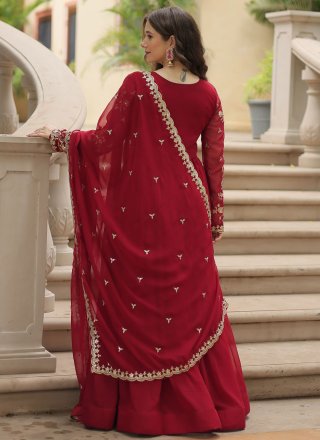 Embroidered, Sequins and Zari Work Faux Georgette  Designer Gown In Rani