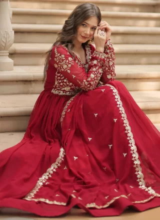 Embroidered, Sequins and Zari Work Faux Georgette  Designer Gown In Rani