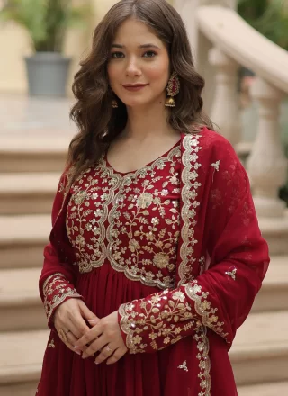 Embroidered, Sequins and Zari Work Faux Georgette  Designer Gown In Rani