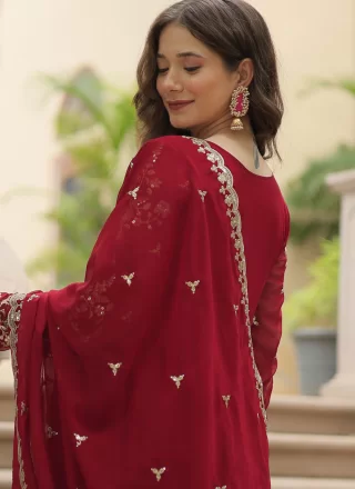 Embroidered, Sequins and Zari Work Faux Georgette  Designer Gown In Rani