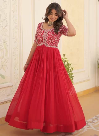 Embroidered, Sequins and Zari Work Faux Georgette Designer Gown In Red