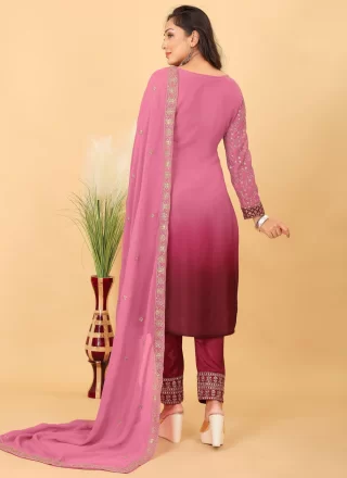 Embroidered, Sequins and Zari Work Faux Georgette Pant Style Suit In Hot Pink