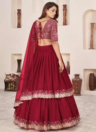 Embroidered, Sequins and Zari Work Georgette A - Line Lehenga Choli In Red