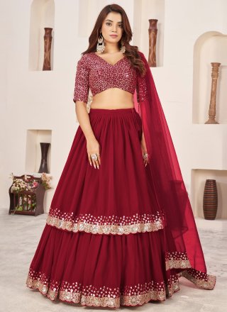 Embroidered, Sequins and Zari Work Georgette A - Line Lehenga Choli In Red