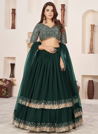 Embroidered, Sequins and Zari Work Georgette Lehenga Choli In Green for Engagement