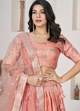 Embroidered, Sequins and Zari Work Jacquard A - Line Lehenga Choli In Peach for Ceremonial