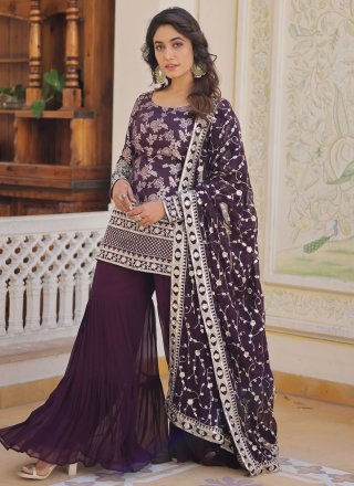 Embroidered, Sequins and Zari Work Jacquard Salwar Suit In Purple