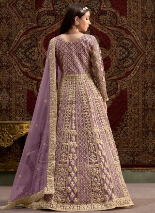 Embroidered, Sequins and Zari Work Net Floor Length Salwar Suit In Purple