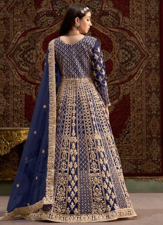Embroidered, Sequins and Zari Work Net Gown In Blue