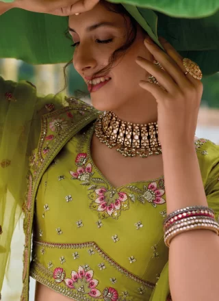 Embroidered, Sequins, Stone and Thread Work Silk Lehenga Choli In Green