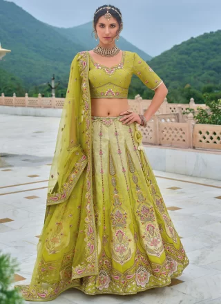 Embroidered, Sequins, Stone and Thread Work Silk Lehenga Choli In Green