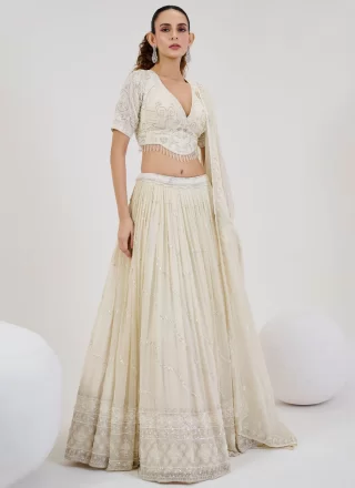 Embroidered, Stone and Thread Work Georgette Readymade Lehenga Choli In Off White
