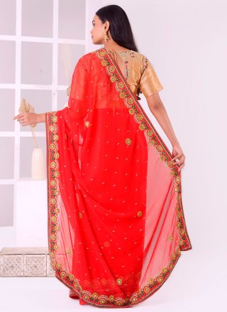 Embroidered, Stone and Thread Work Georgette Traditional Saree In Red for Ceremonial